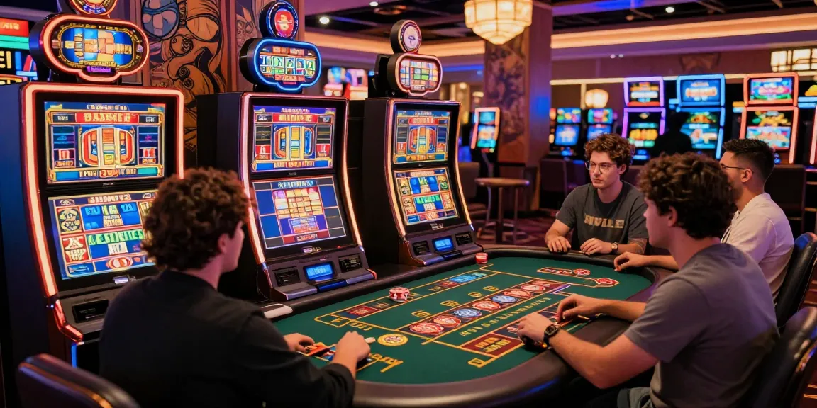 Casino gaming scene with players enjoying สล็อตเว็บตรง slots in an immersive neon-lit environment.