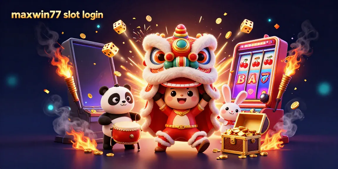 Engage in maxwin77 slot login with vibrant casino elements and festive characters in energetic action.