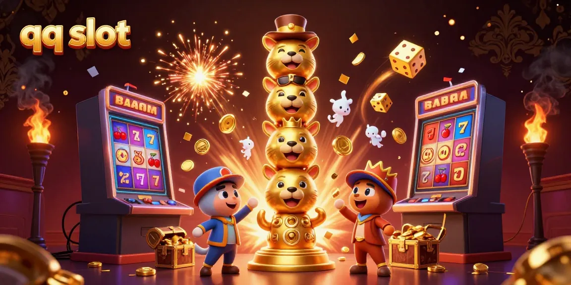 Experience the excitement of qq slot gaming with a vibrant, dynamic 3D illustration of animals and slot elements.