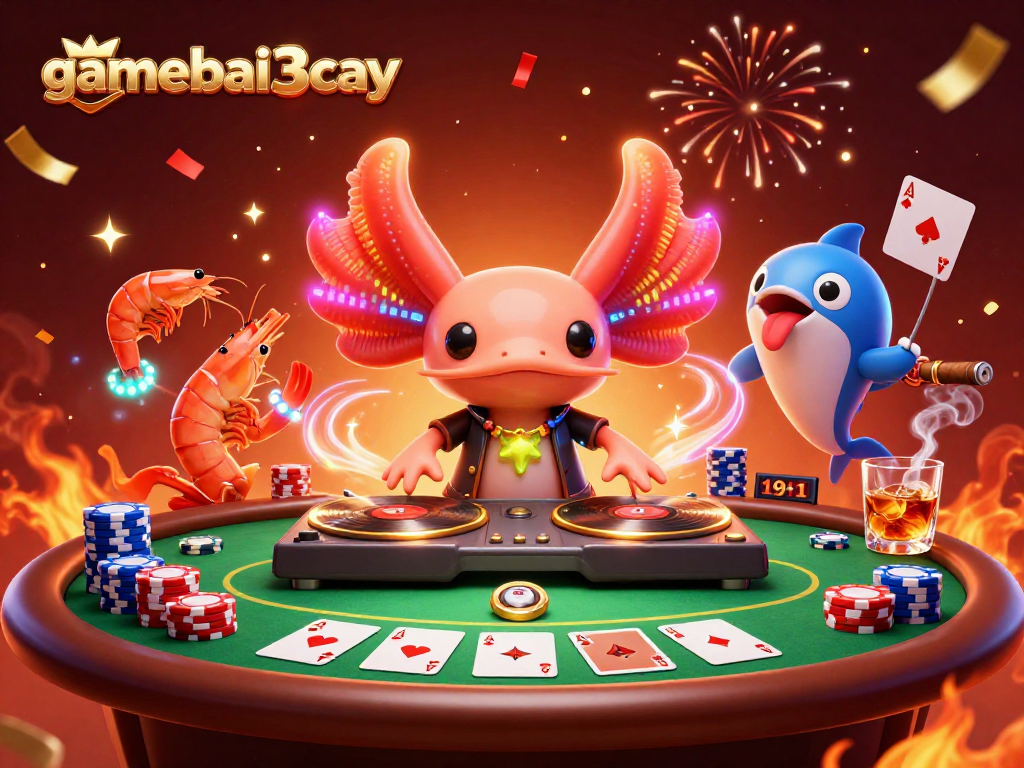 Experience gamebai3cay's vibrant casino world with a glowing DJ axolotl and lively characters.