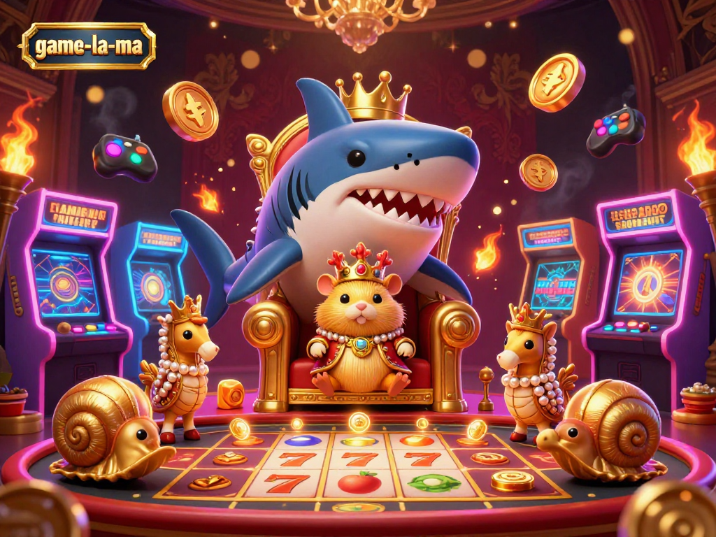 Engage in action with game-la-ma in a vibrant casino scene featuring a golden hamster king amid colorful slot reels.