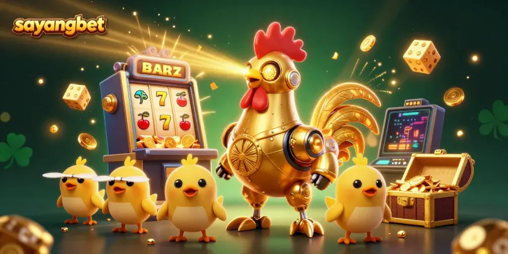 Experience winning thrills on sayangbet with the vibrant rooster robot and dynamic casino elements.