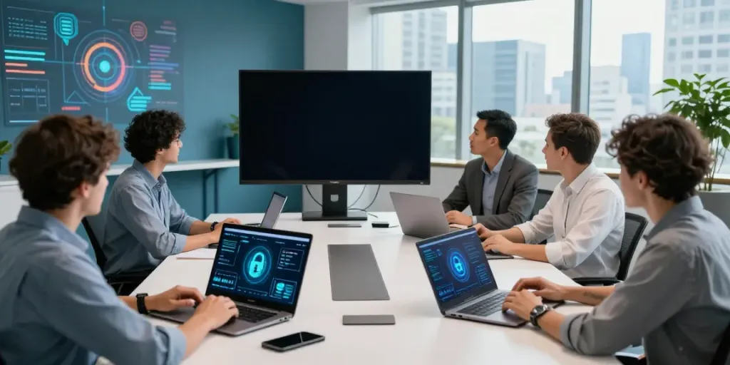 Deepfake protected Conferencing in a modern office with a team discussing virtual security strategies.