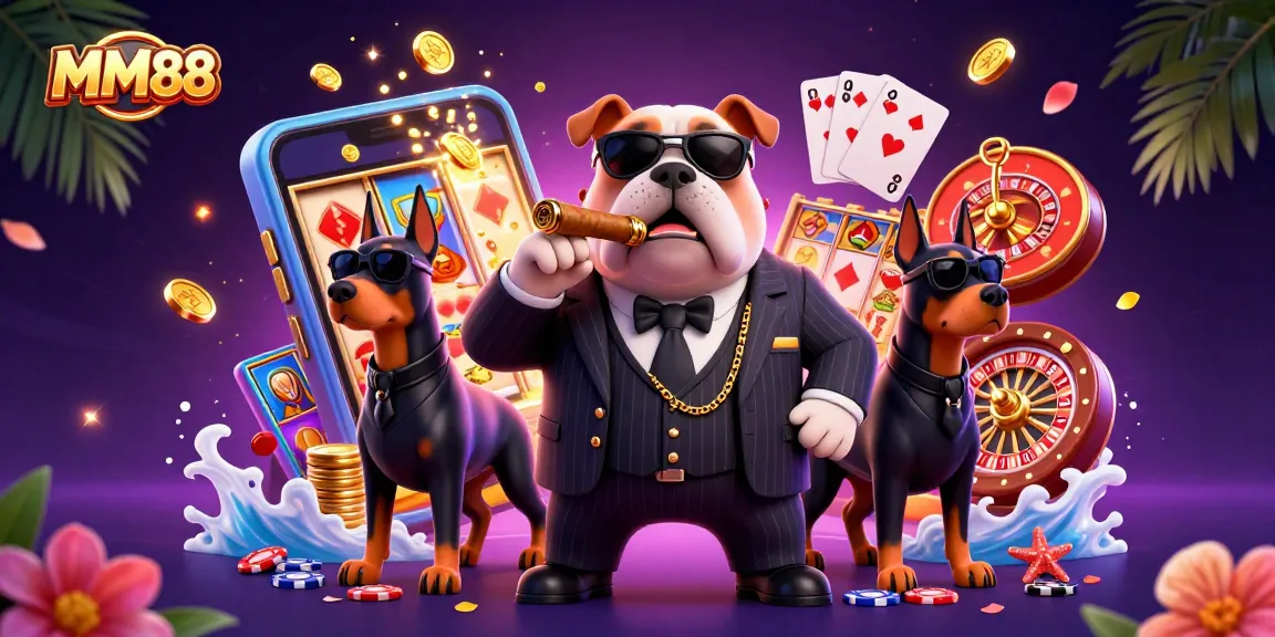 Experience the excitement of MM88 with a vibrant 3D casino illustration showcasing game elements and a mafia boss.