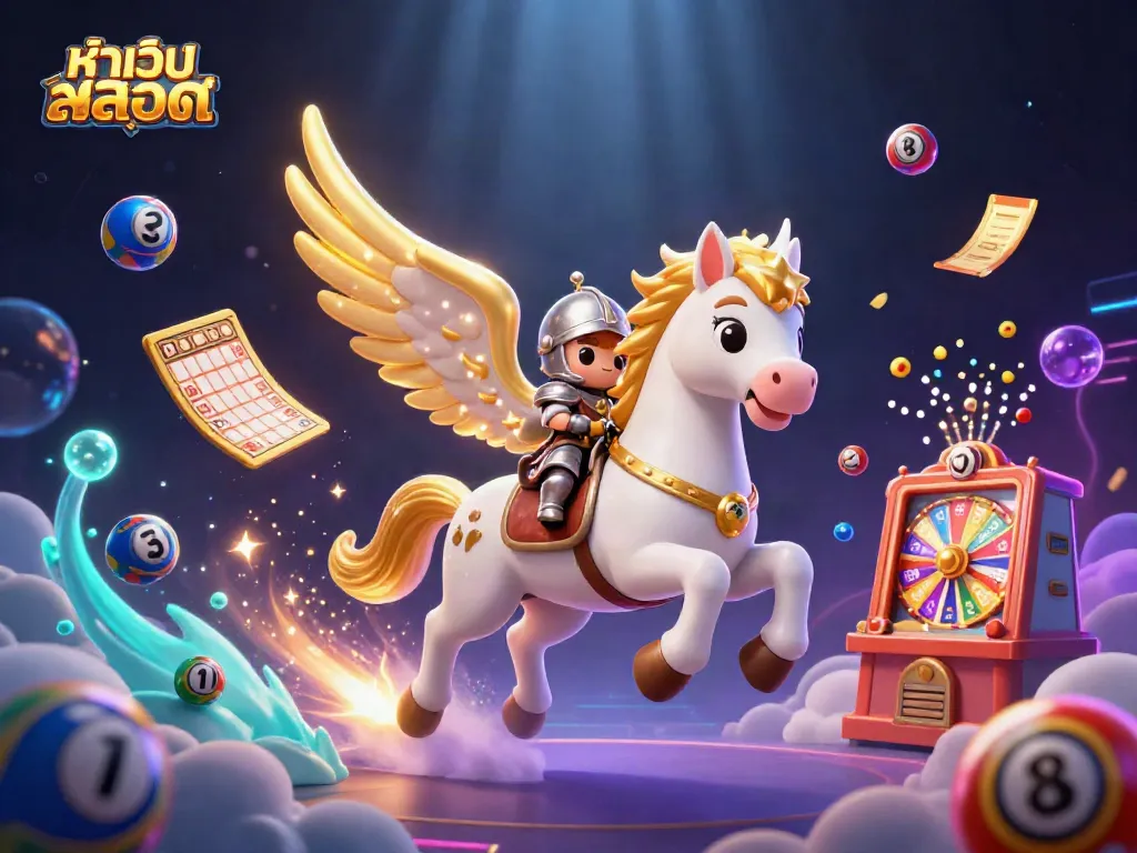 Engage with the vibrant slots scene at หน้าเว็บสล็อต featuring a celestial horse and knight amidst lottery elements.