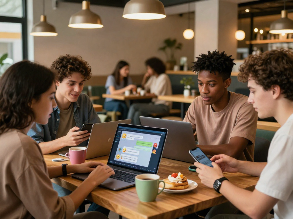 Engaging group using spicy chat ai in a cozy cafe filled with conversation and collaboration.