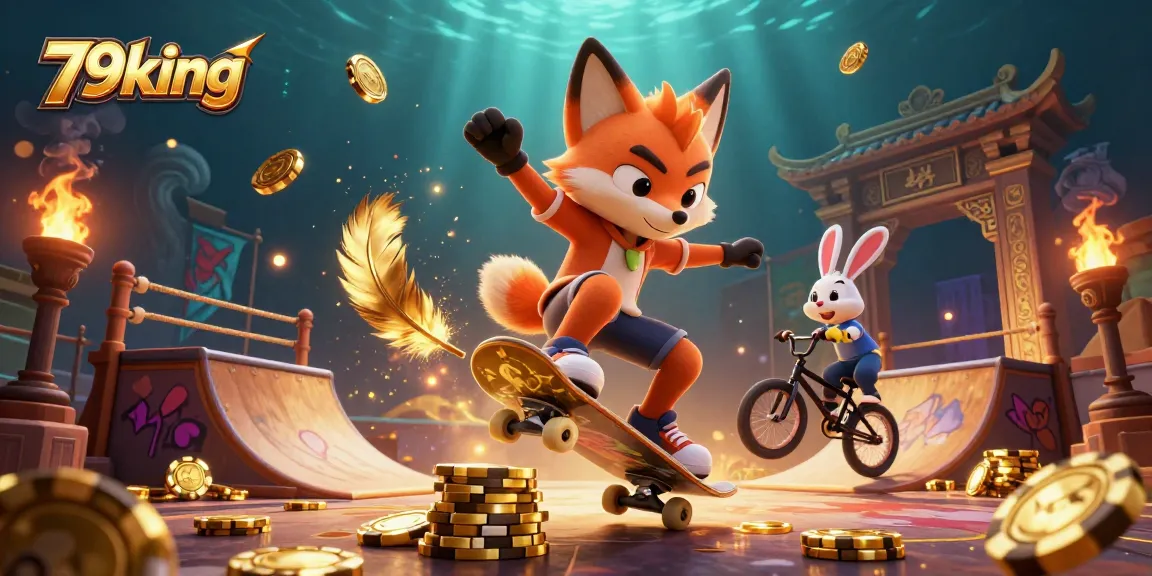 Engage in thrilling action at 79king with a fox skateboarder and a BMX-riding rabbit amidst casino symbols.