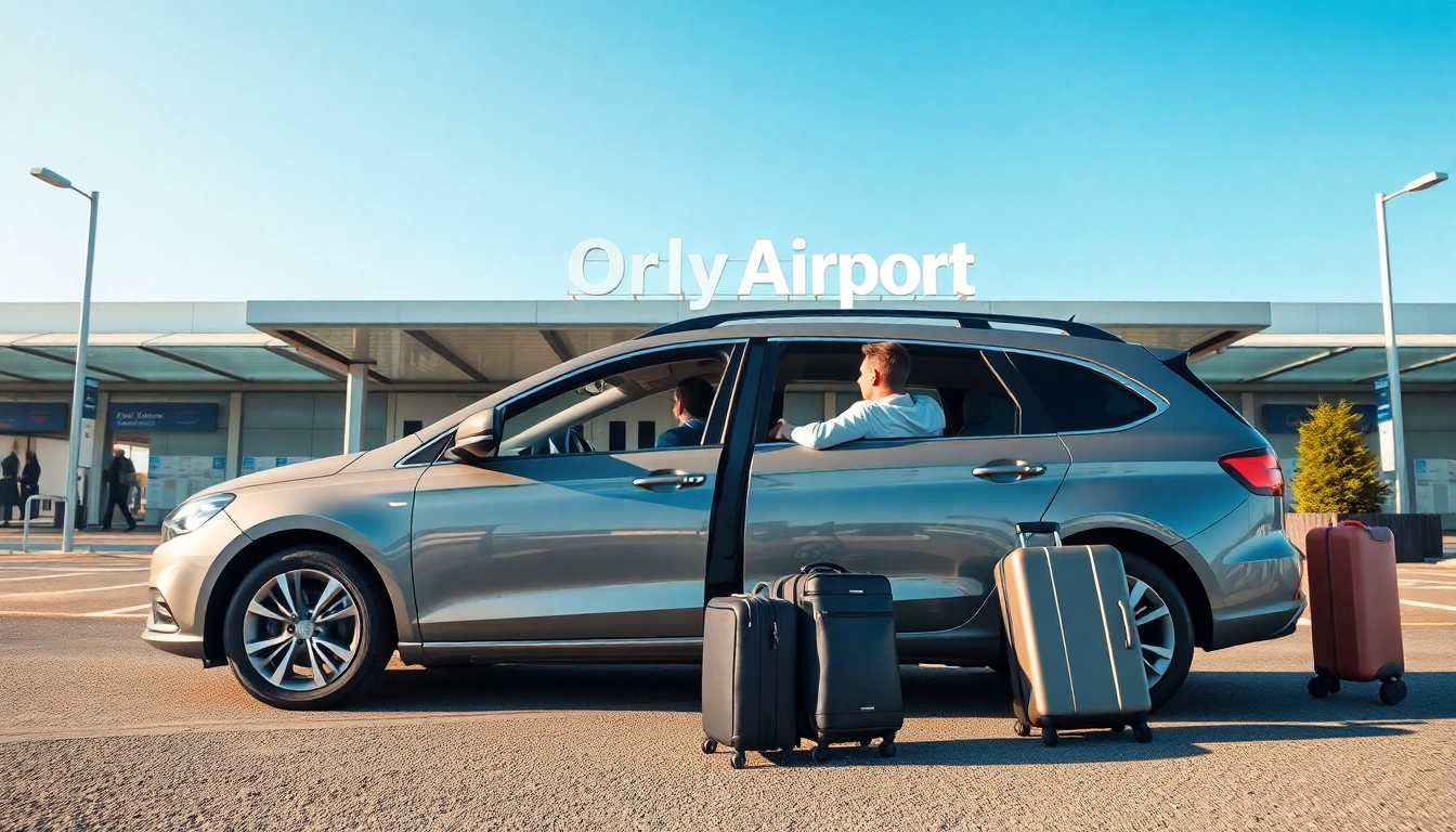 Book an Orly Airport to Paris Transfer with ease and comfort, featuring passengers with luggage.