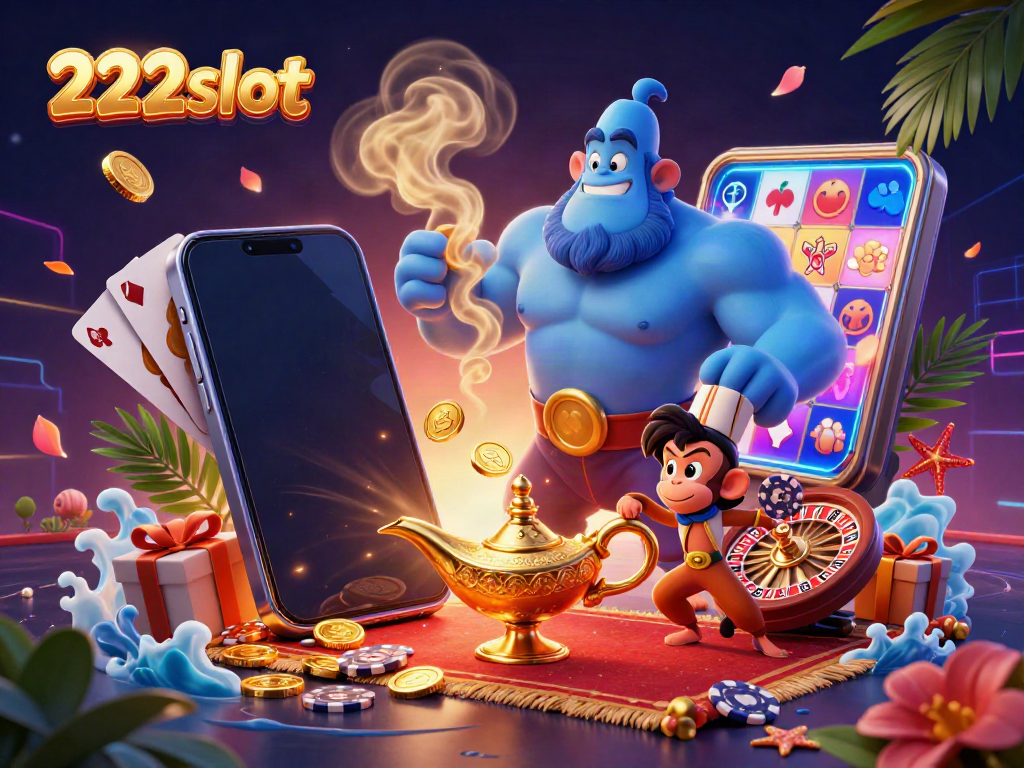 Permainan slot 222slot dengan karakter genie lucu dan elemen kasino yang menarik.