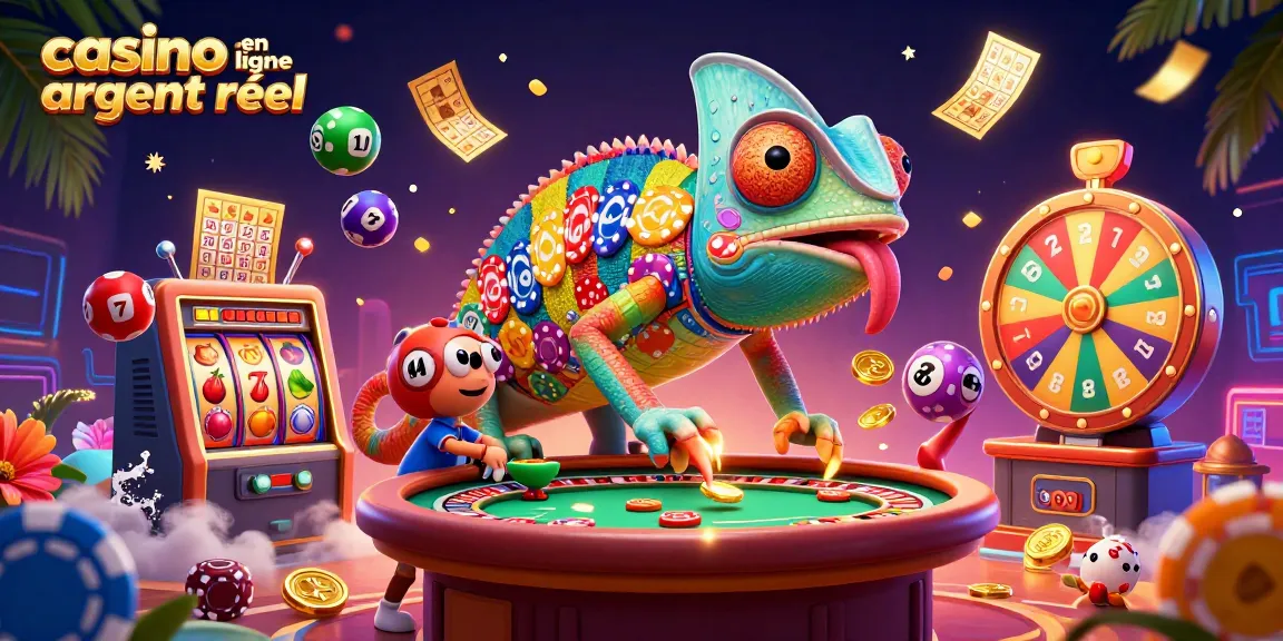 Plongez dans l'univers du casino en ligne argent réel avec une scène colorée d'un caméléon propriétaire de casino.