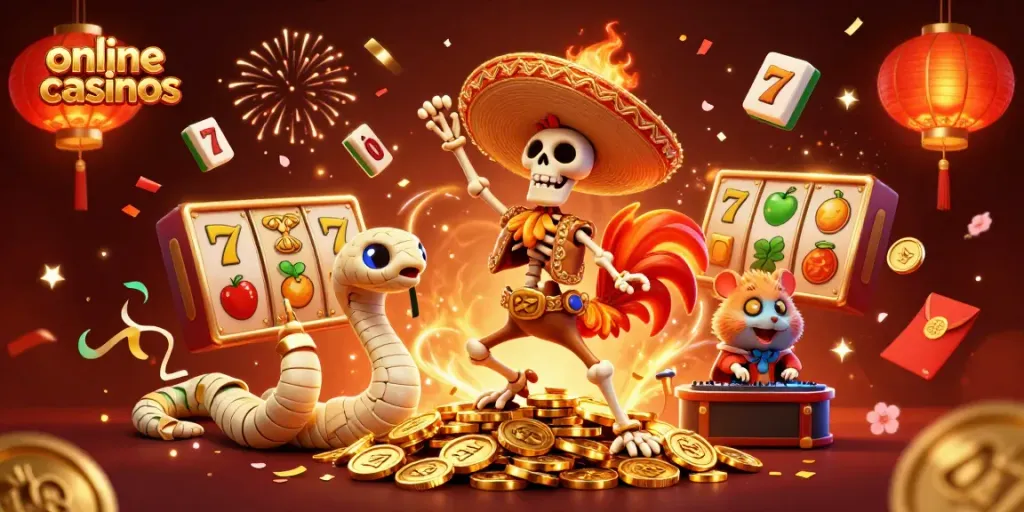 Experience thrilling online casinos with vibrant characters celebrating wins amid slot machine excitement.
