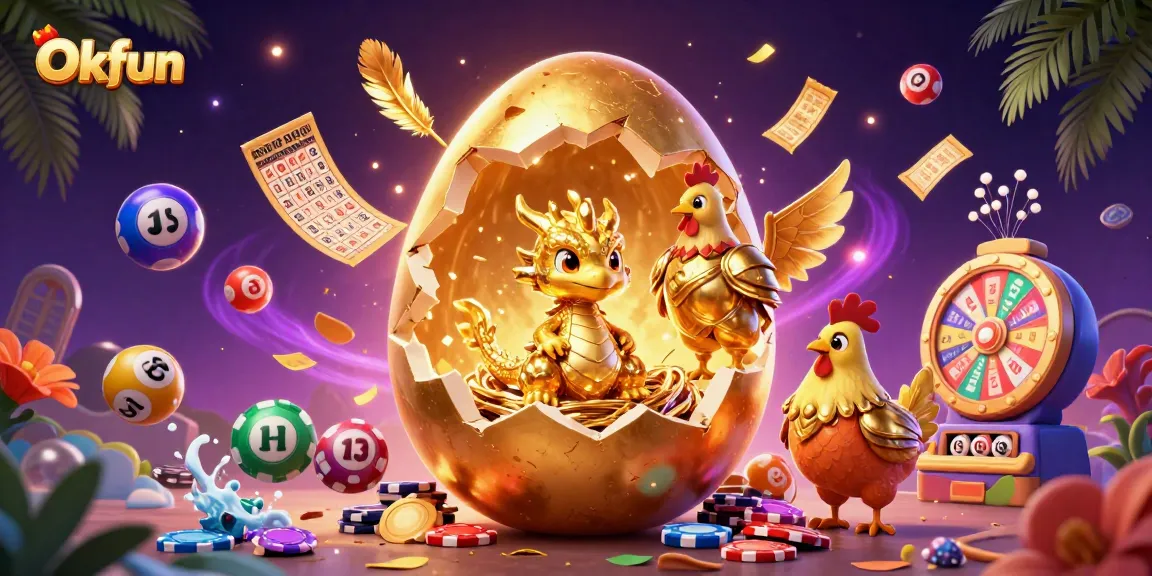 Exciting Okfun casino scene featuring a golden egg with dragon and poker chips amidst festive lottery elements.