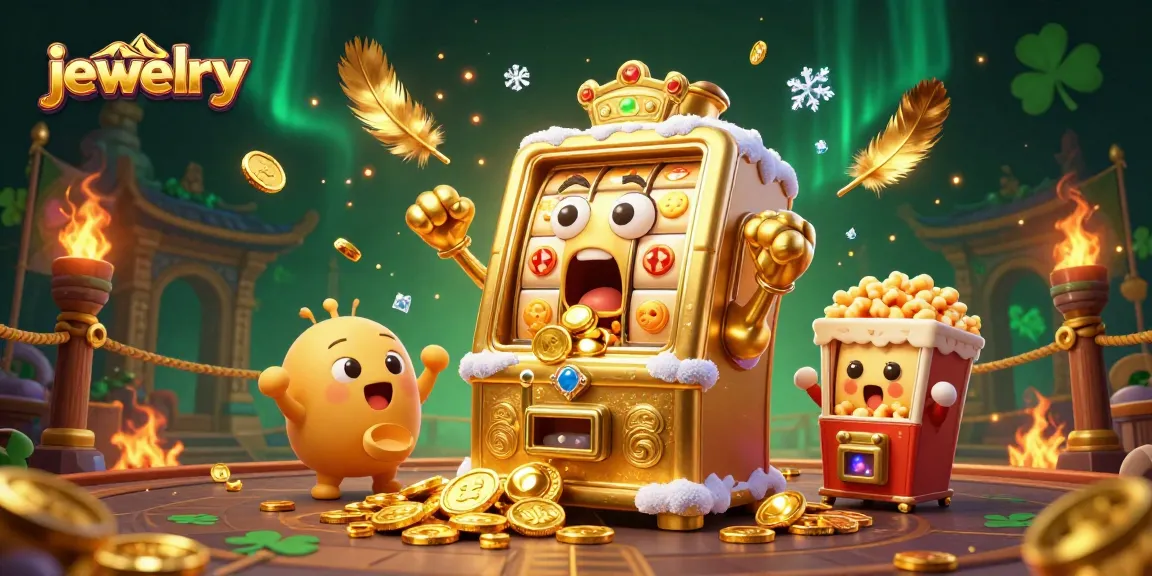 Spin the golden slot machine, celebrating with coins flying amidst vibrant jewelry elements.
