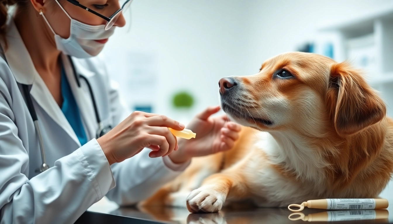 Applying DMSO for dogs by a veterinarian in a bright clinic setting