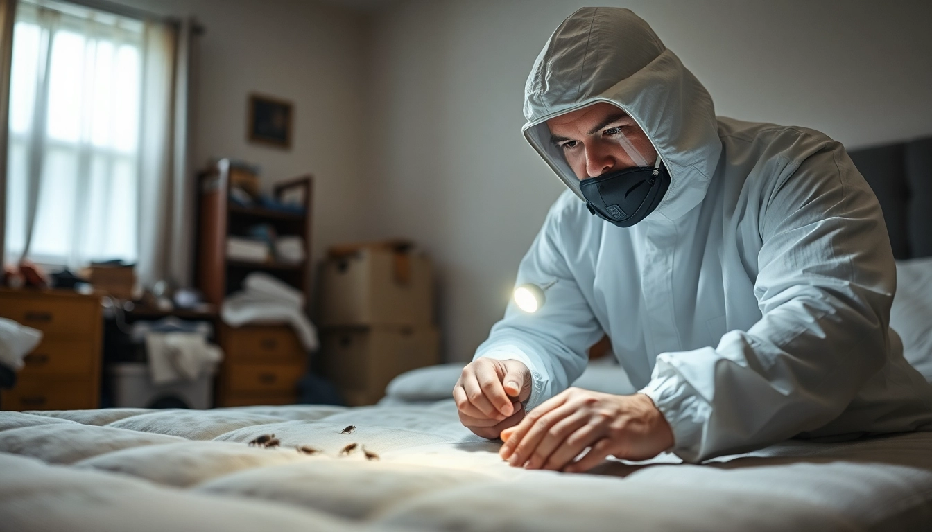 Bed bug removal technician demonstrates effective treatments in an infestation scene.