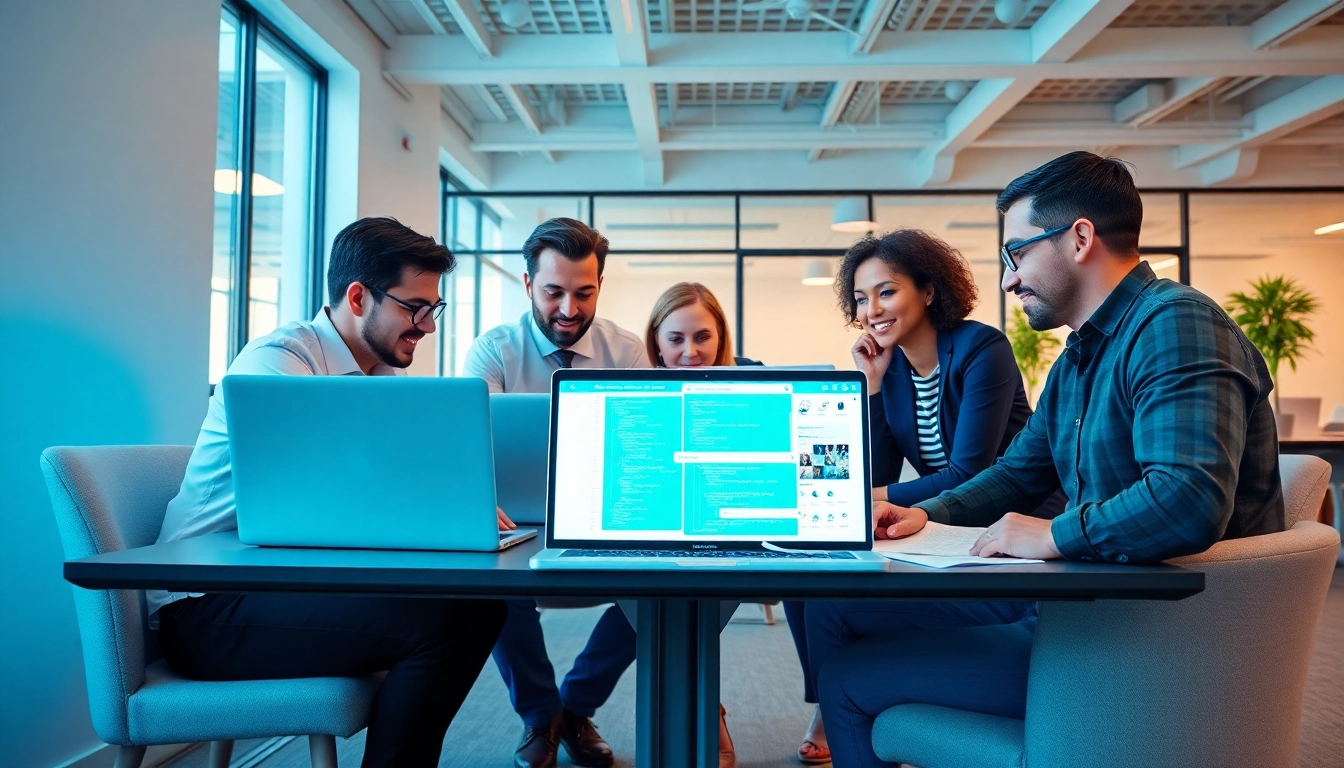 Headless Shopify development team discussing project strategies in a modern office.