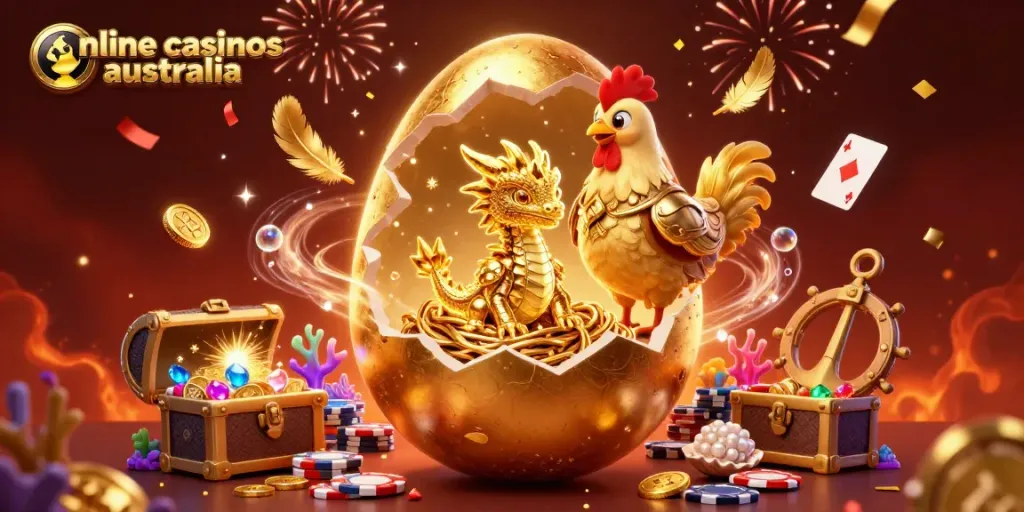 Experience the excitement of online casinos Australia with a golden dragon and poker chips in this vibrant illustration.