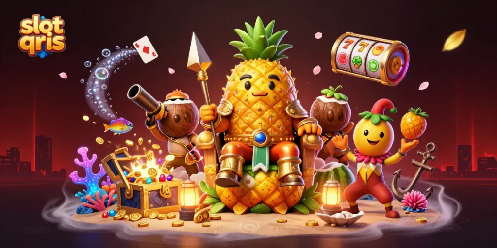 Engage with slot qris gameplay as the golden pineapple king rules a vibrant casino scene filled with treasures and lively characters.