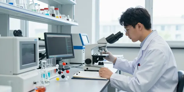 Scientist researching Swiss Chems peptides in a modern laboratory with advanced equipment.
