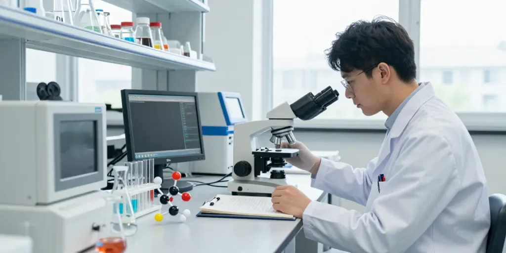 Scientist researching Swiss Chems peptides in a modern laboratory with advanced equipment.