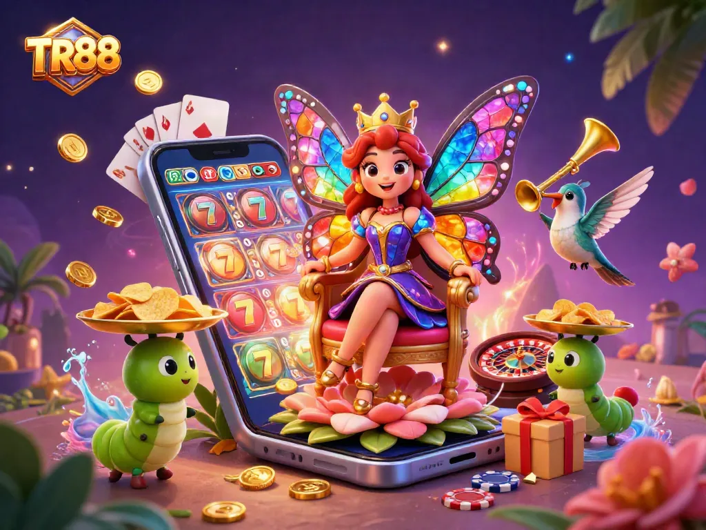 Engage with the TR88 casino world featuring colorful slot games and a vibrant, rich illustration.