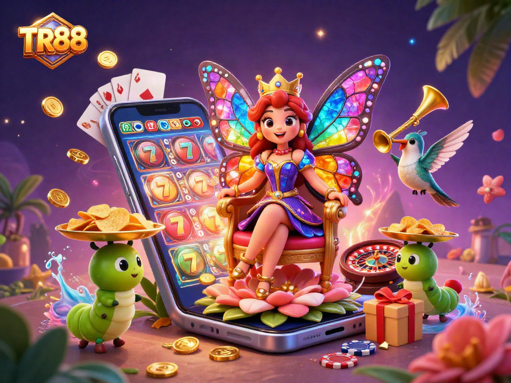Engage with the TR88 casino world featuring colorful slot games and a vibrant, rich illustration.