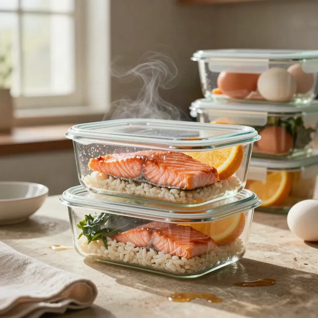 Glass meal-prep containers with salmon, rice, greens, citrus, and eggs on a stone counter