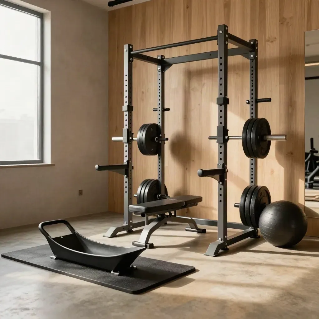 Private gym corner with squat rack, bench, plates, sled track, and medicine ball in warm window light