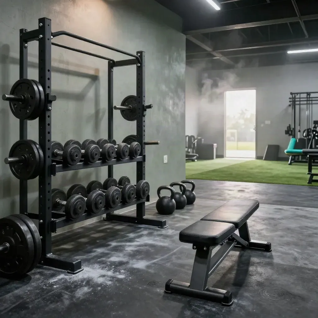 Empty premium training studio with racks, plates, kettlebells and turf in moody rain light.