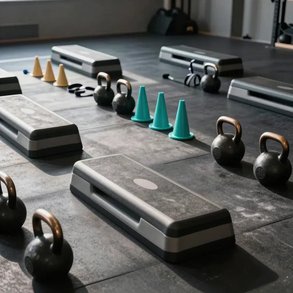 Fitness training floor with kettlebells, bands, cones, and step boxes in workout stations.