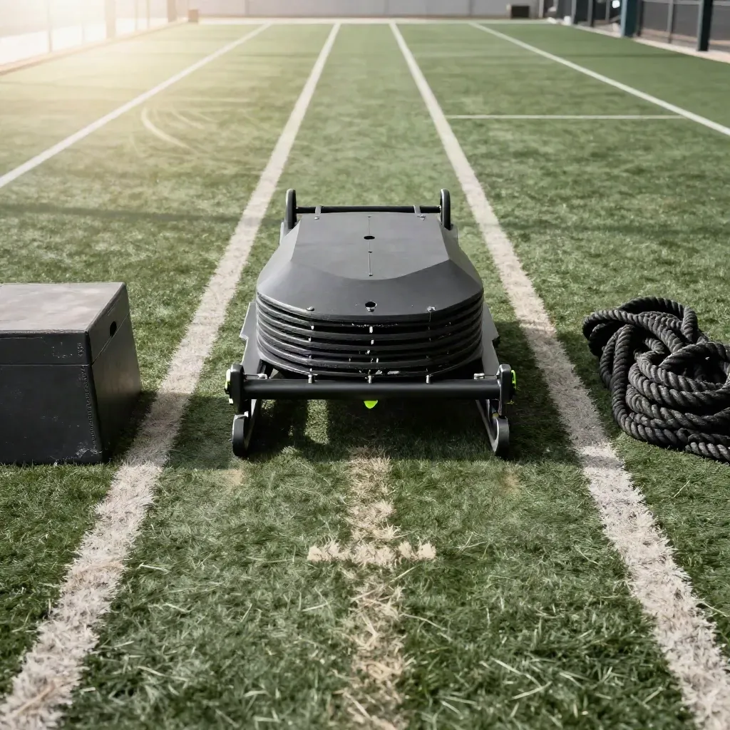 Loaded sled on turf beside coiled battle ropes and a plyo box, ready for another hard run.