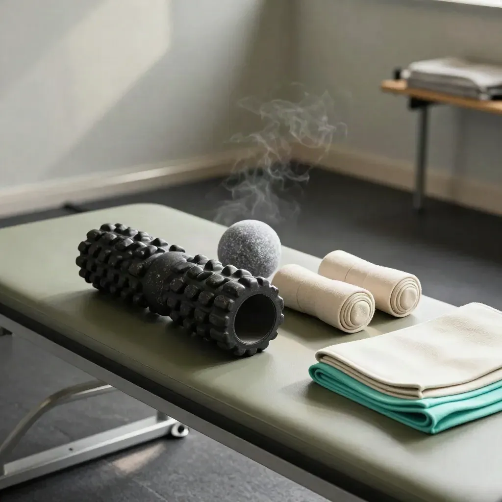 Foam roller, lacrosse ball, strap, ankle weights, and folded mat on a bench in a steamy recovery room.