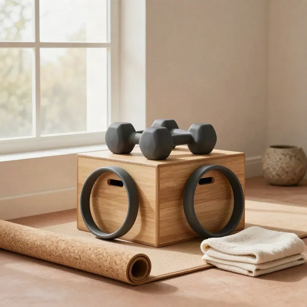 Light dumbbells, band loops, mat and box in a warm sunlit beginner workout nook