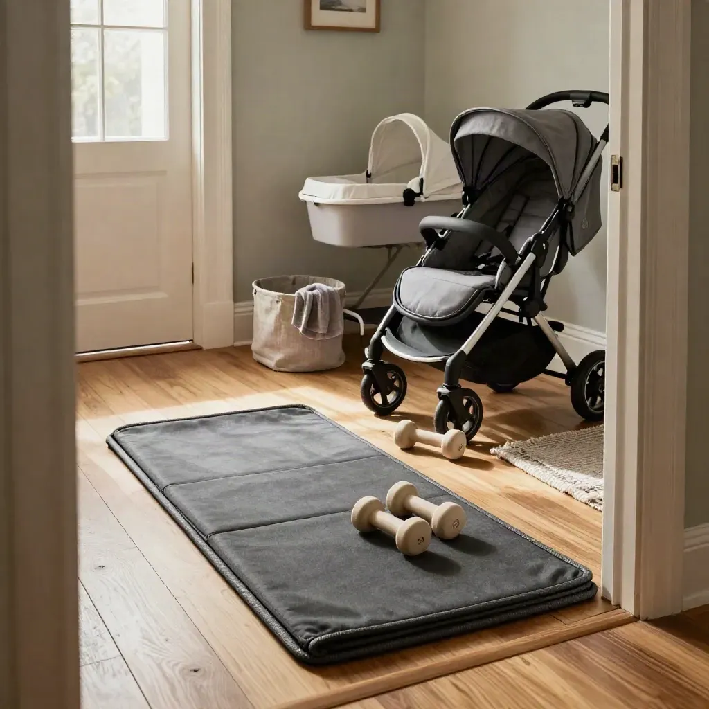 Nursery training corner with mat, dumbbells, stroller and bassinet in soft morning light.