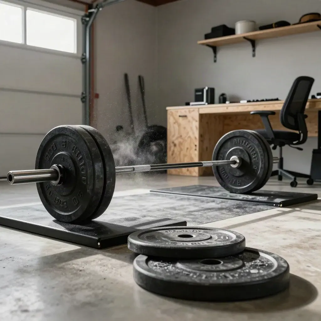 Loaded barbell on a deadlift platform in a home garage with chalk dust and a chair pushed aside
