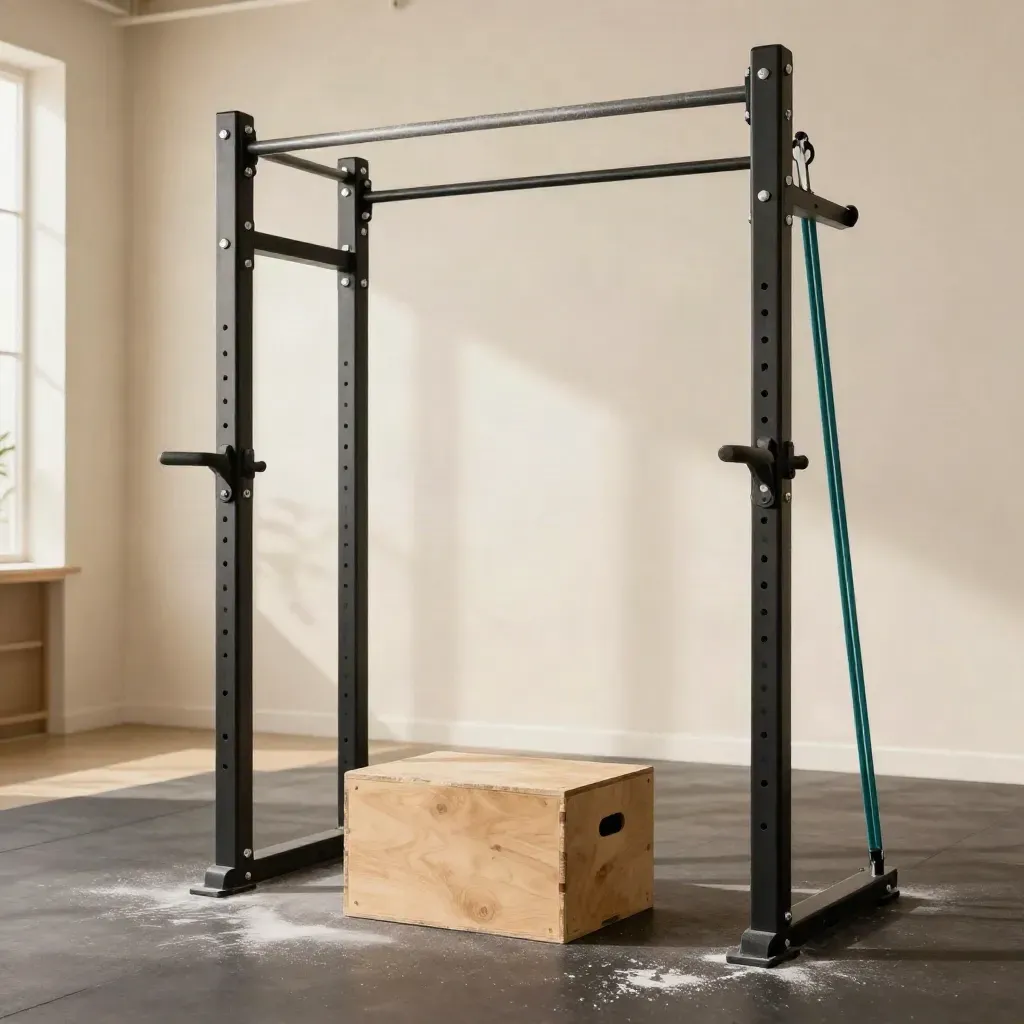 Empty pull-up rack with chalk dust, step box, and a teal band in a warm studio
