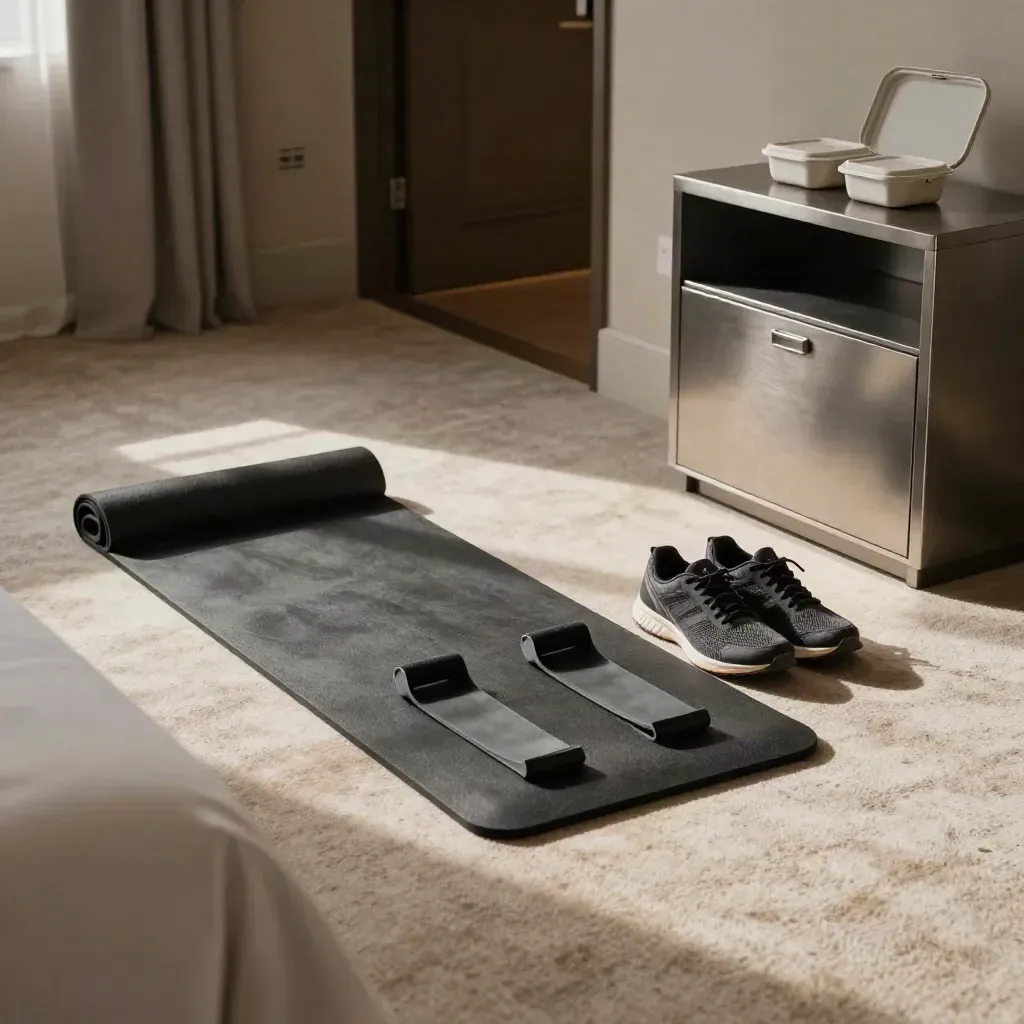 Hotel workout corner with mat, minibands, sneakers, and meal containers in a room
