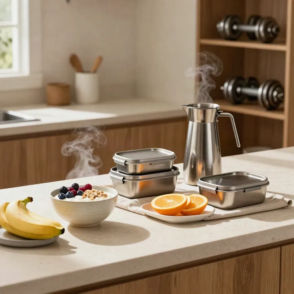 Meal-prepped kitchen counter with coffee, breakfast bowls, tucked dumbbells and ready lunch containers.