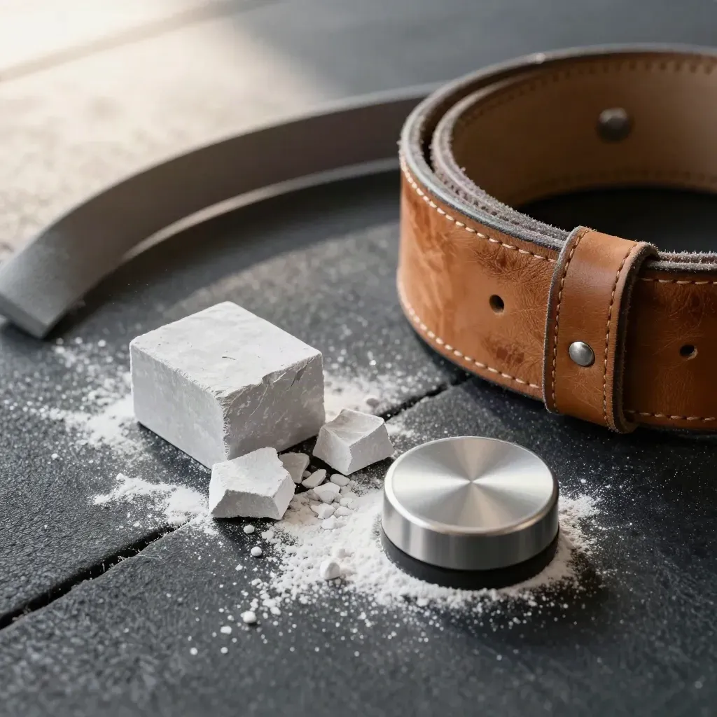 Macro overhead of worn lifting belt, chalk block, timer and resistance band on a gym floor