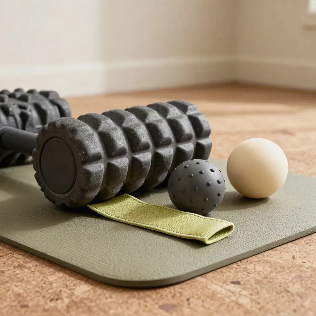 Foam roller, lacrosse ball, yoga strap and massage ball on a folded mat in soft daylight