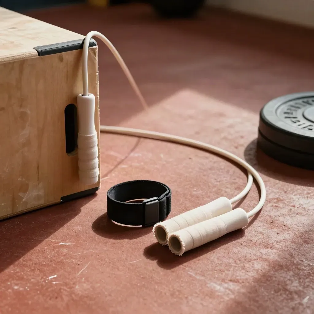 Fitness tools arranged on a terracotta gym floor: plyo box, jump rope, strap, wraps, bumper plate.