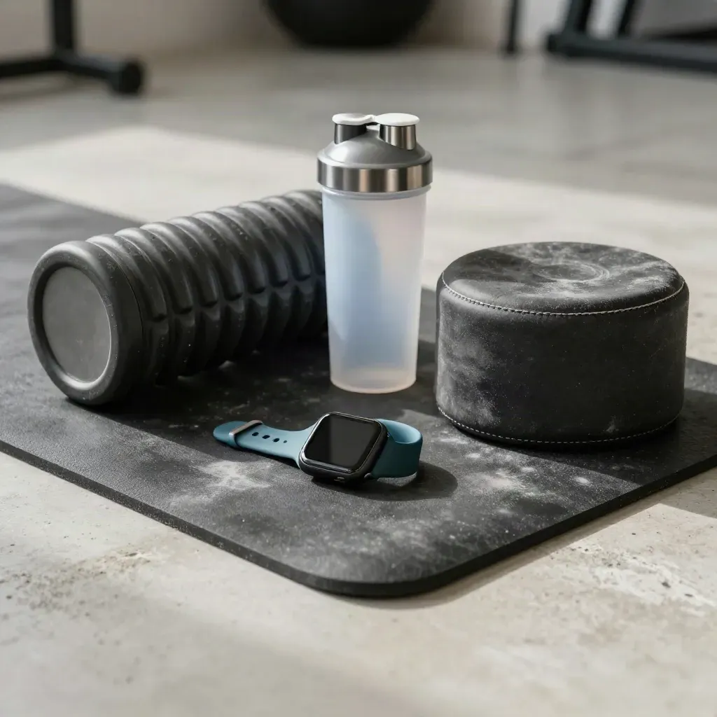 Smartwatch, foam roller, shaker bottle and squat pad arranged on a gym mat in soft daylight.