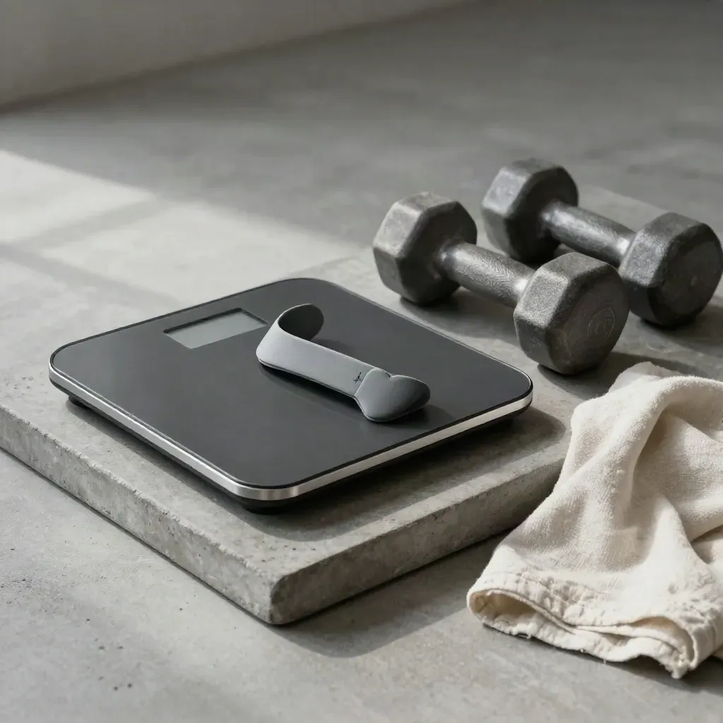 Dark smart scale, heart-rate strap, and three dumbbells on a stone tray with soft light.