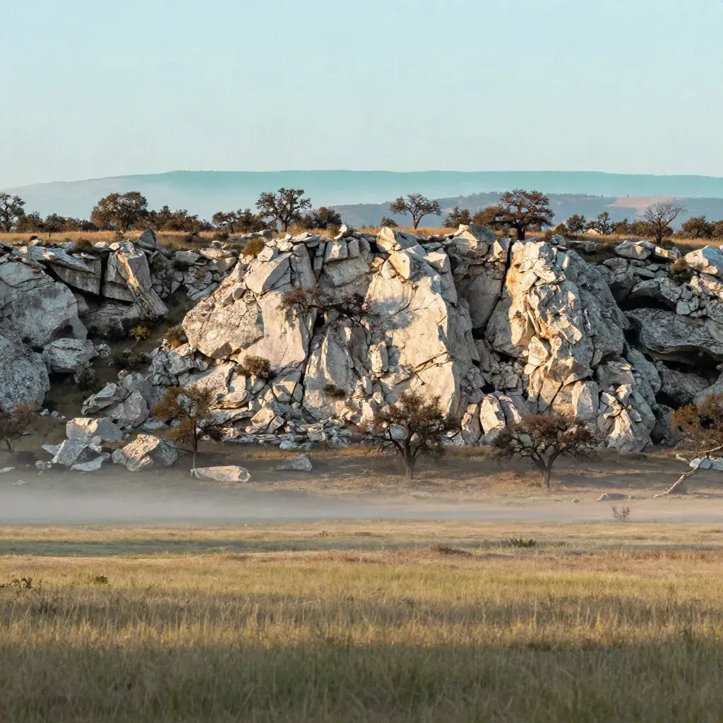 Texas limestone escarpment above a quiet pasture at first light with live oaks and haze