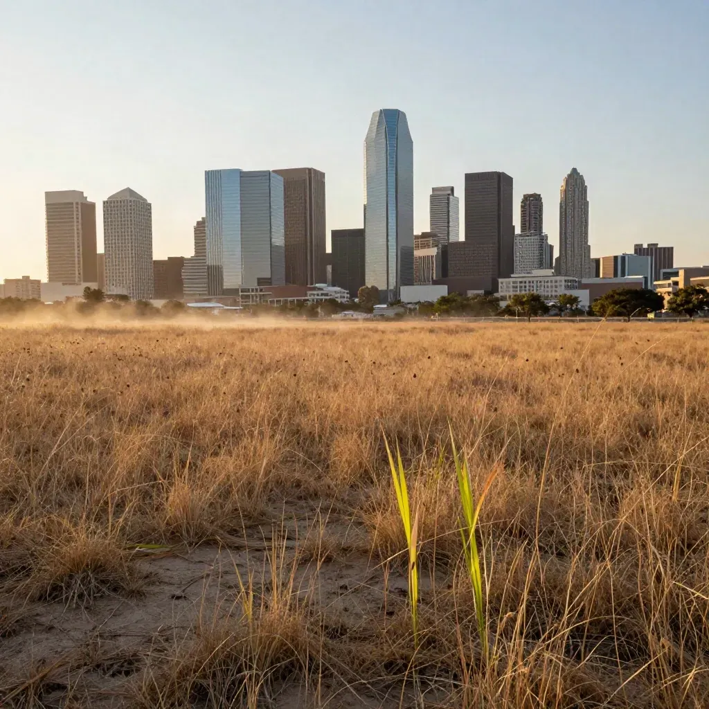 Dallas skyline at golden hour above prairie grassland under a hazy sky