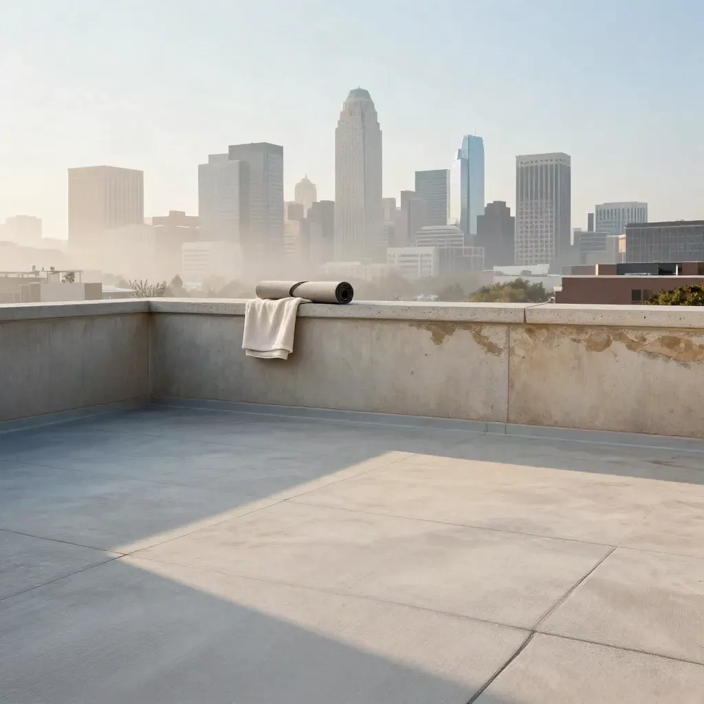 Quiet Austin rooftop terrace at dawn with skyline and open copy space