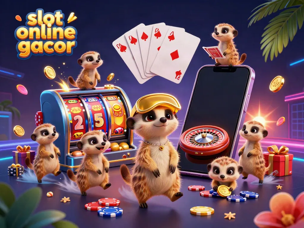 Experience thrilling gameplay in a vibrant scene depicting slot online gacor with spirited meerkats in a casino.