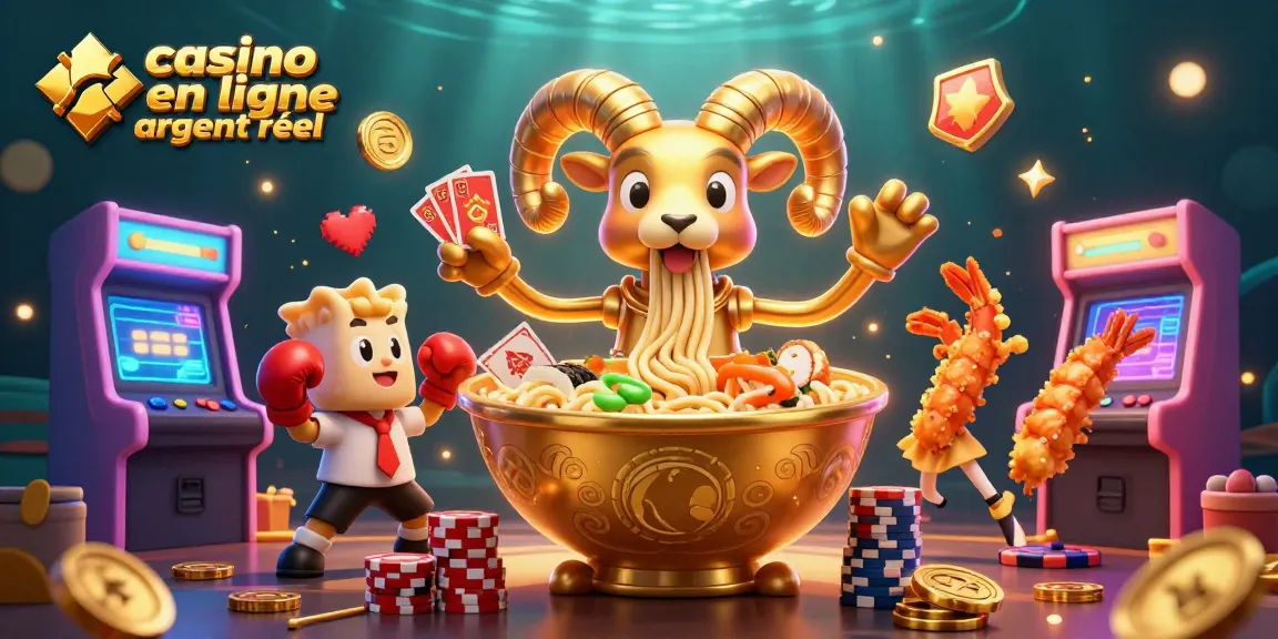 Illustration représentant un casino en ligne argent réel avec des personnages de jeux amusants et des éléments de casino colorés.