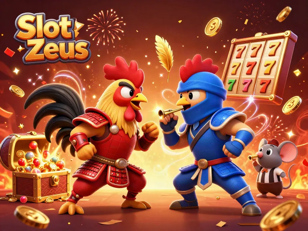 Gambarkan Slot Zeus dengan dua ayam jantan bertarung dan elemen mesin slot yang berkilauan.