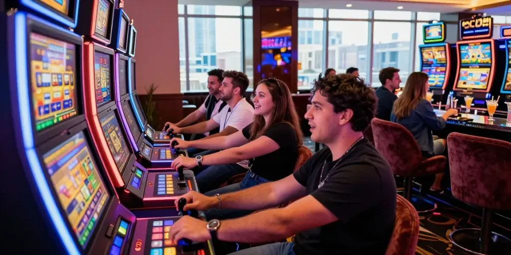 Suasana kasino slot777 yang meriah dengan pemain bersemangat dan mesin slot bercahaya.